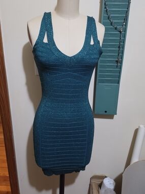 Guess Teal Glitter Bodycon Mini Dress
